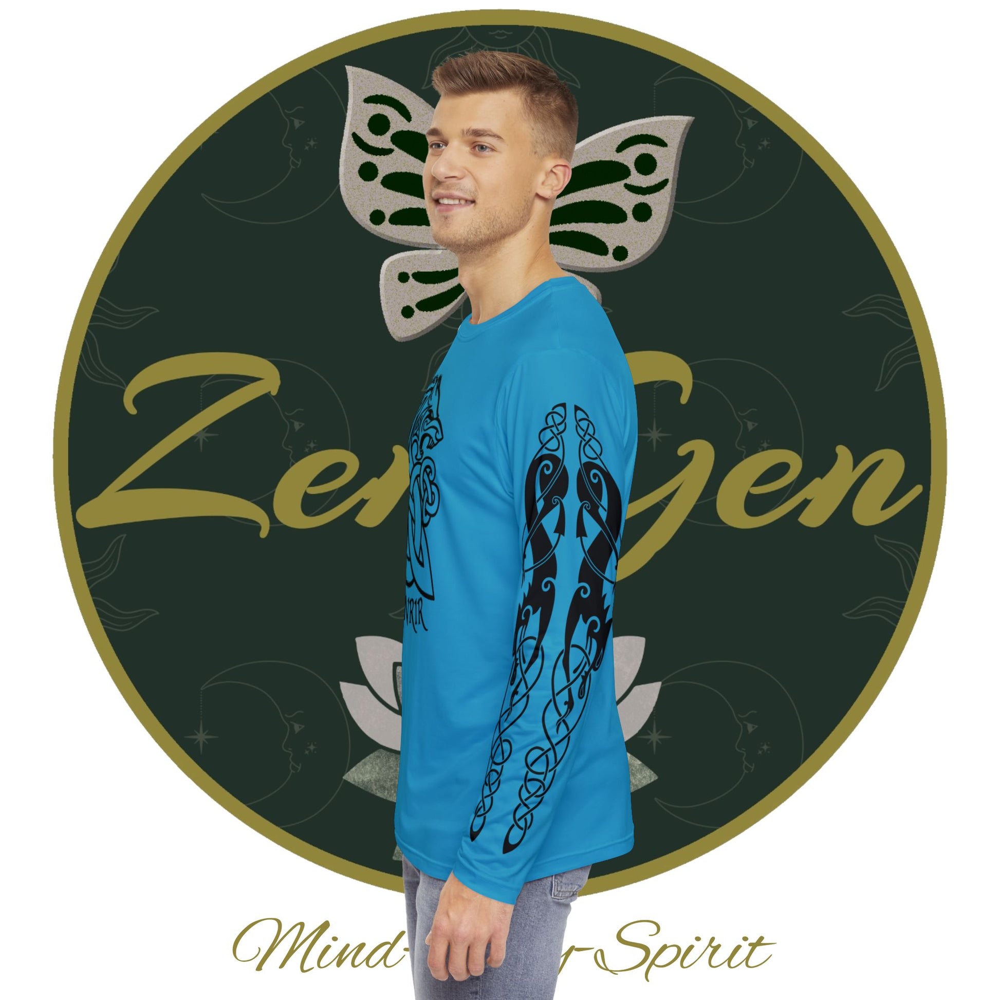 Celtic Fenrir Tribal Tattoo - Turquoise Men's Long Sleeve Shirt - ZenGen USA - ZenGen USA