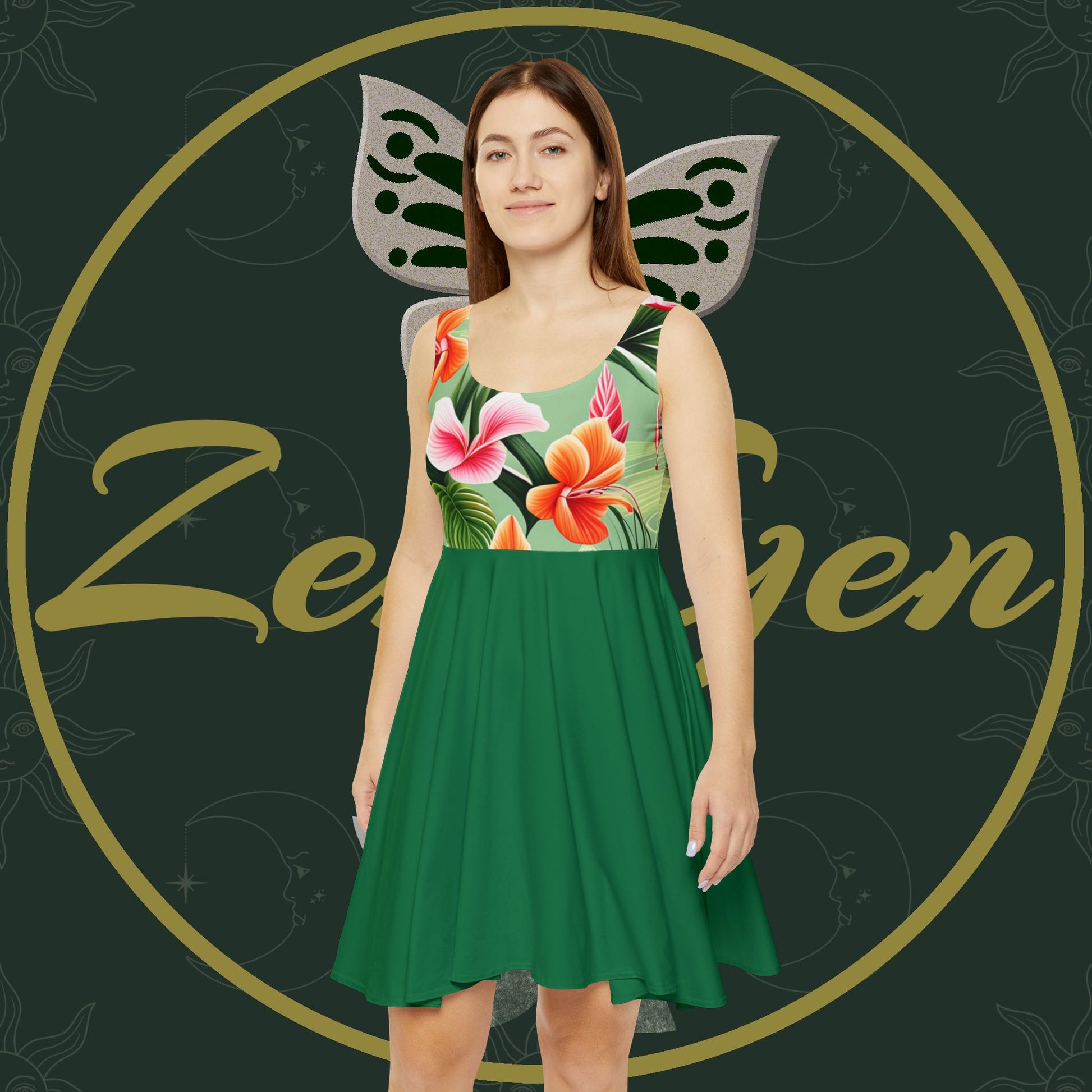Women's Floral Skater Dress (AOP) - ZenGen USA - Green - ZenGen USA