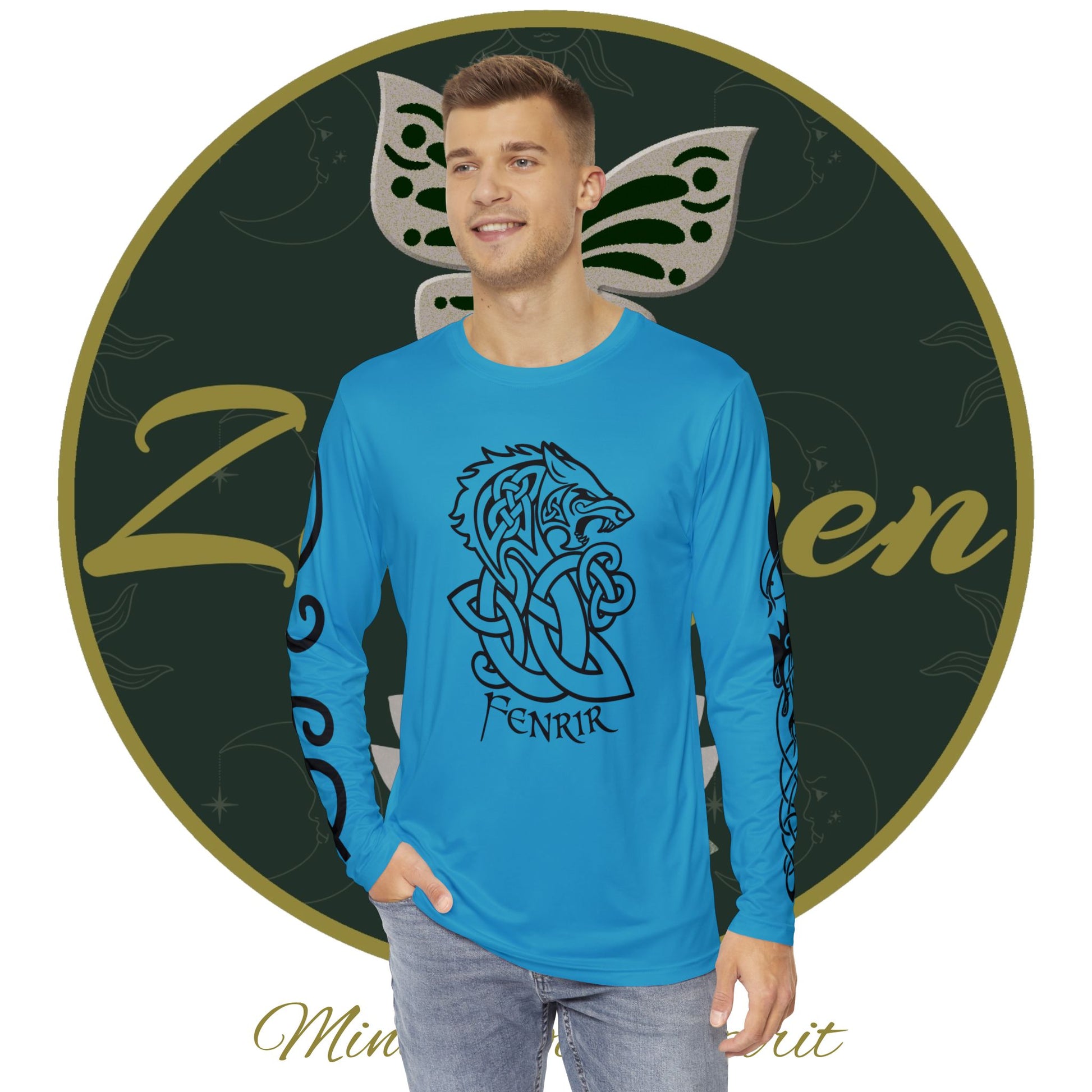 Celtic Fenrir Tribal Tattoo - Turquoise Men's Long Sleeve Shirt - ZenGen USA - ZenGen USA