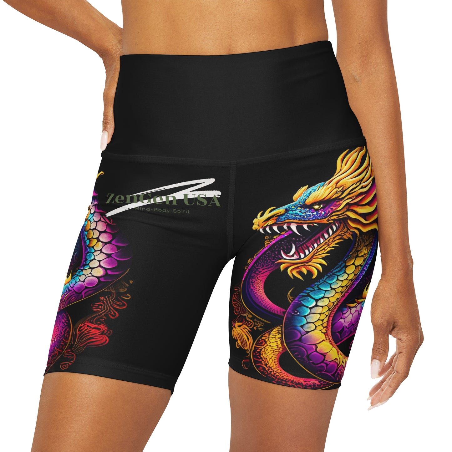 Dragon High Waisted Yoga Shorts | Black | ROCK SOLID | ZenGen USA - ZenGen USA