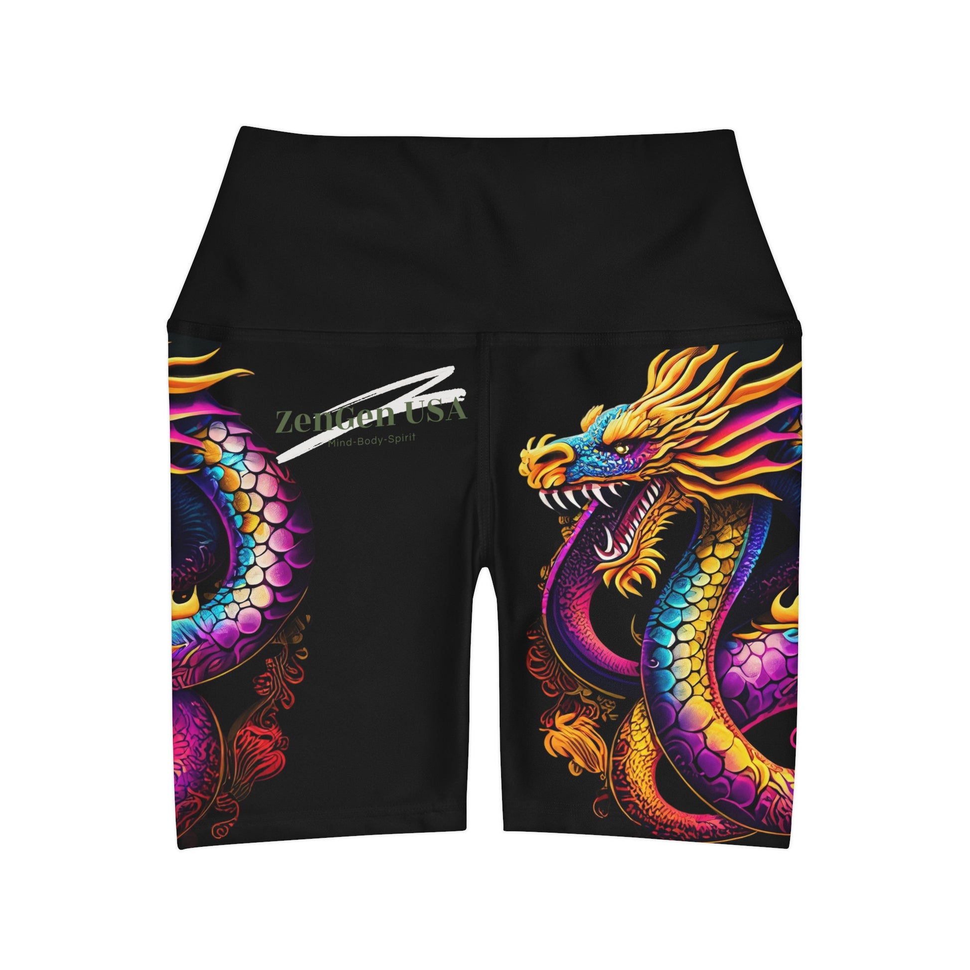 Dragon High Waisted Yoga Shorts | Black | ROCK SOLID | ZenGen USA - ZenGen USA