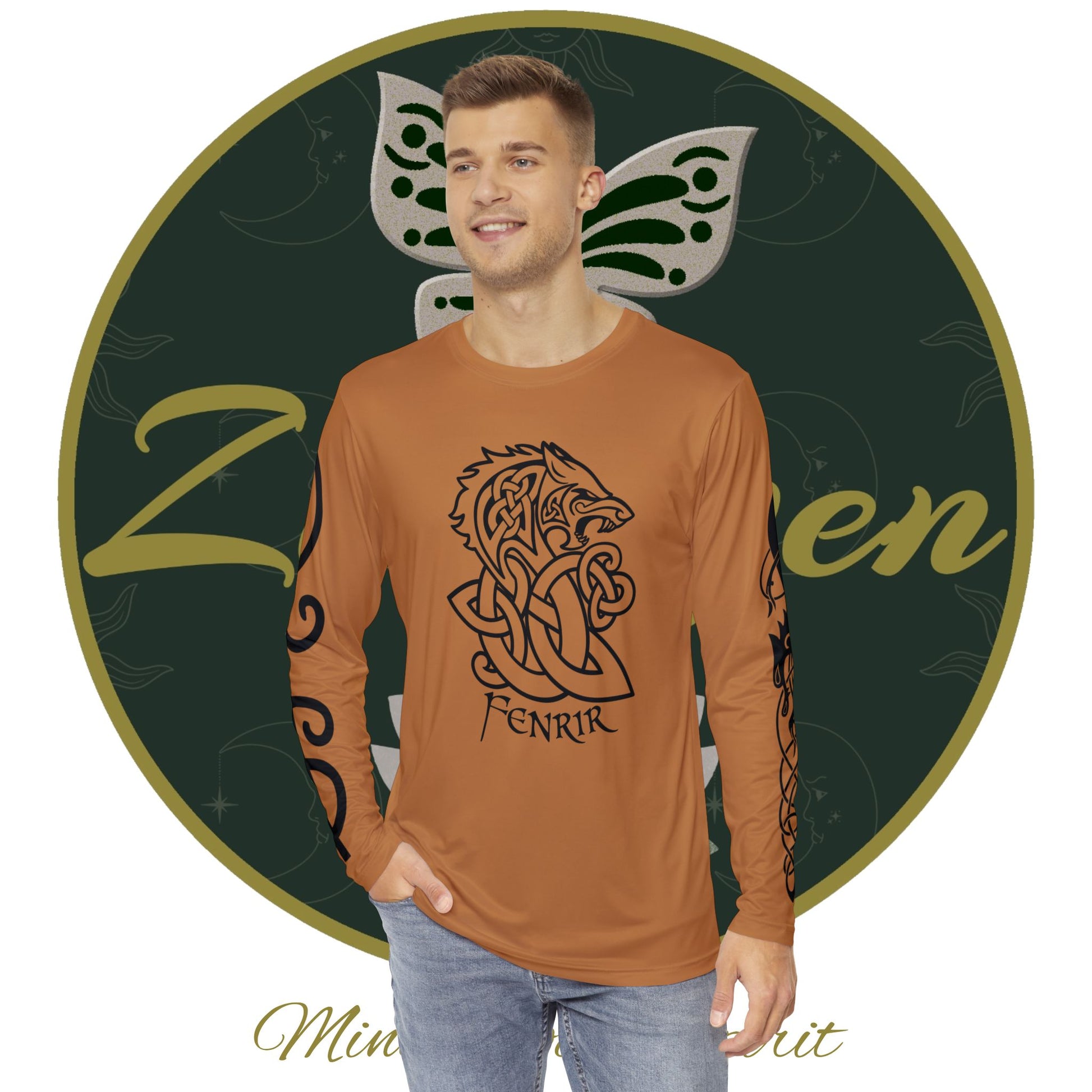 Celtic Fenrir Tribal Tattoo - Brown Men's Long Sleeve Shirt - ZenGen USA - ZenGen USA