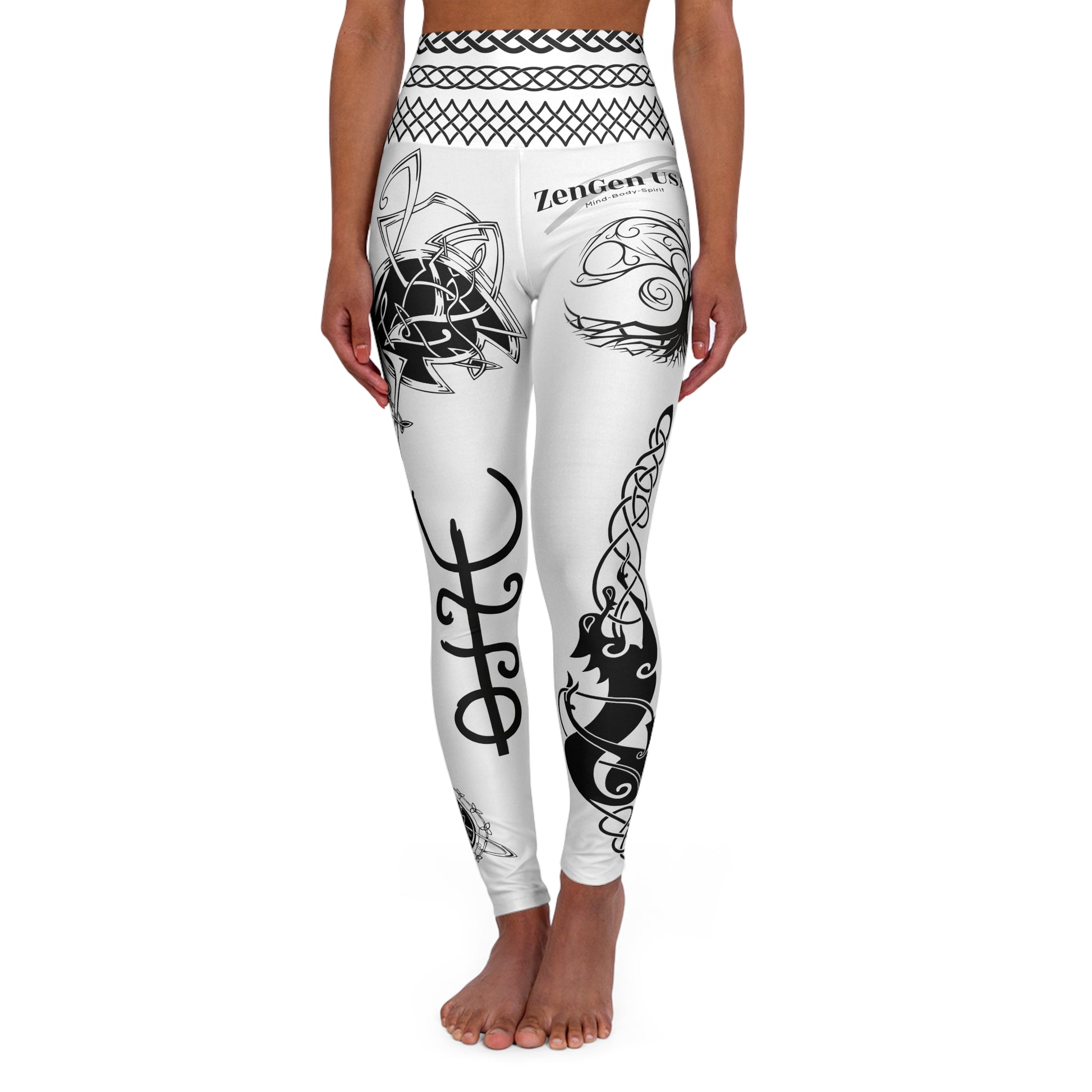 Celtic Tribal Tattoo - White Yoga Leggings - ZenGen USA ROCK SOLID - ZenGen USA