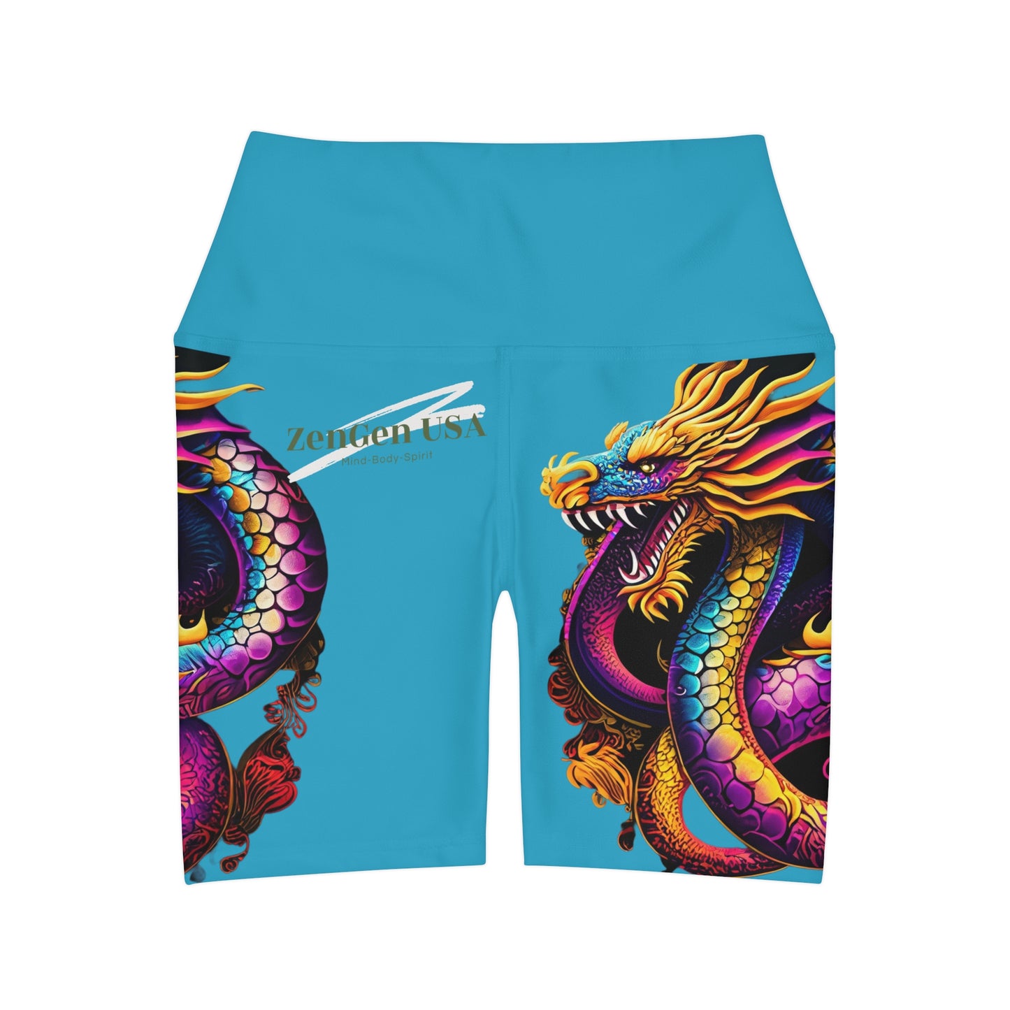 Dragon High Waisted Yoga Shorts | Turquoise | ROCK SOLID | ZenGen USA - ZenGen USA