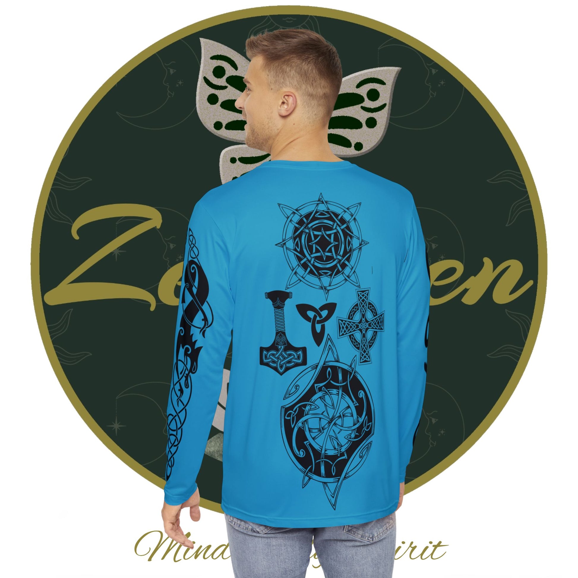 Celtic Fenrir Tribal Tattoo - Turquoise Men's Long Sleeve Shirt - ZenGen USA - ZenGen USA