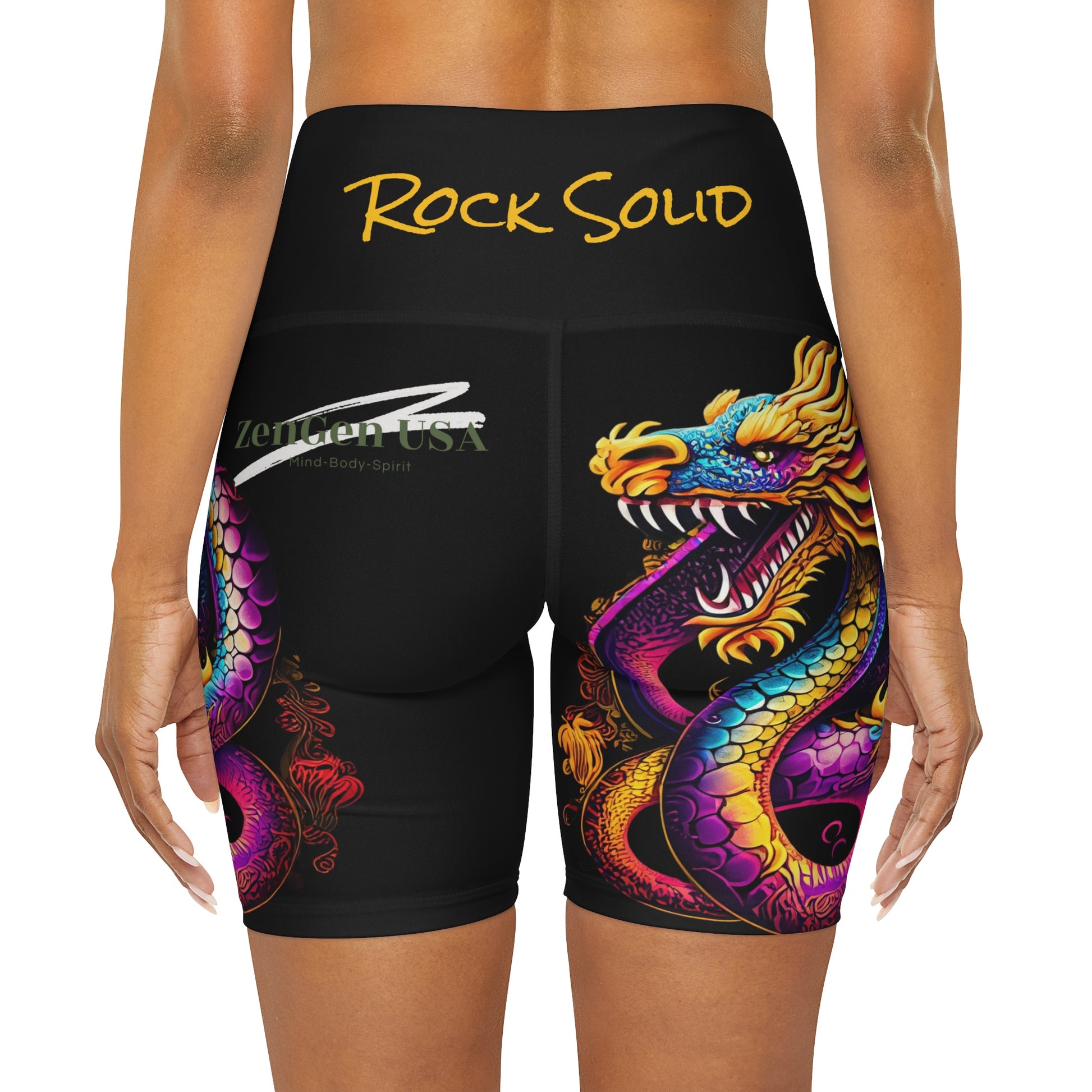 Dragon High Waisted Yoga Shorts | Black | ROCK SOLID | ZenGen USA - ZenGen USA