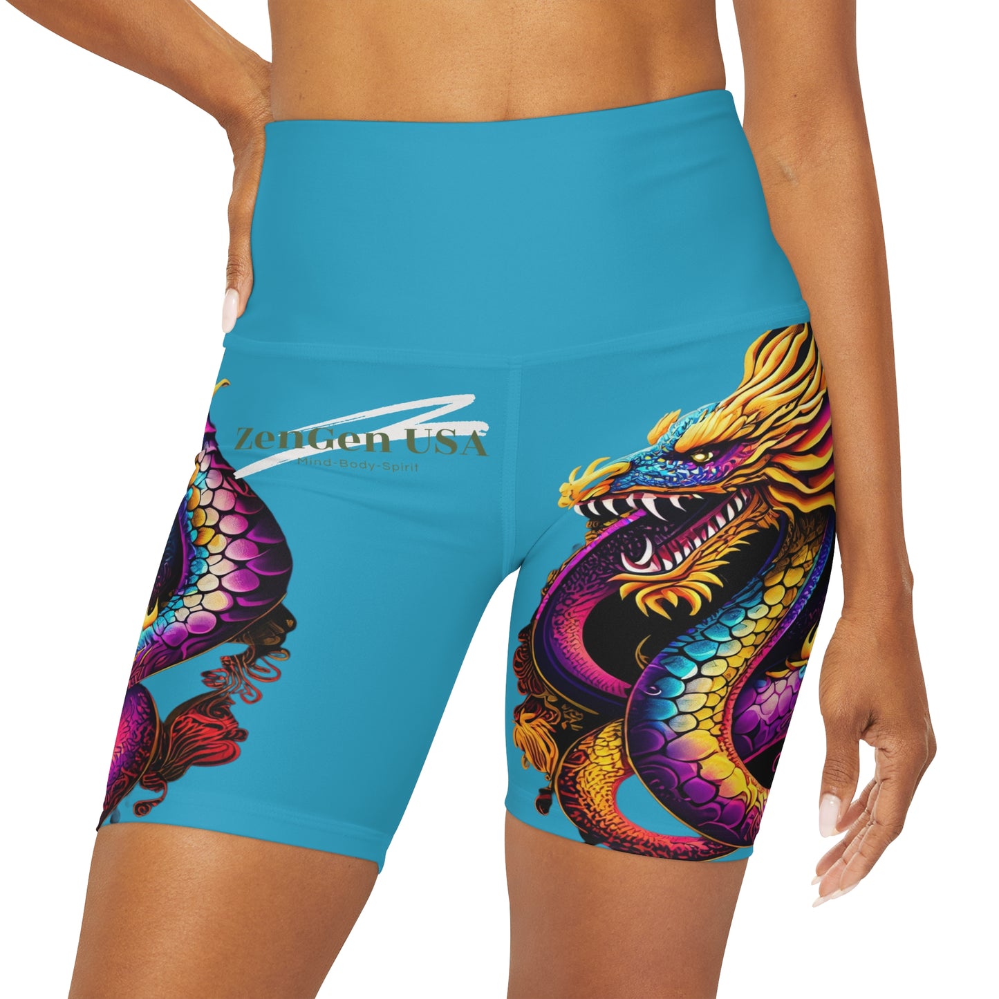 Dragon High Waisted Yoga Shorts | Turquoise | ROCK SOLID | ZenGen USA - ZenGen USA
