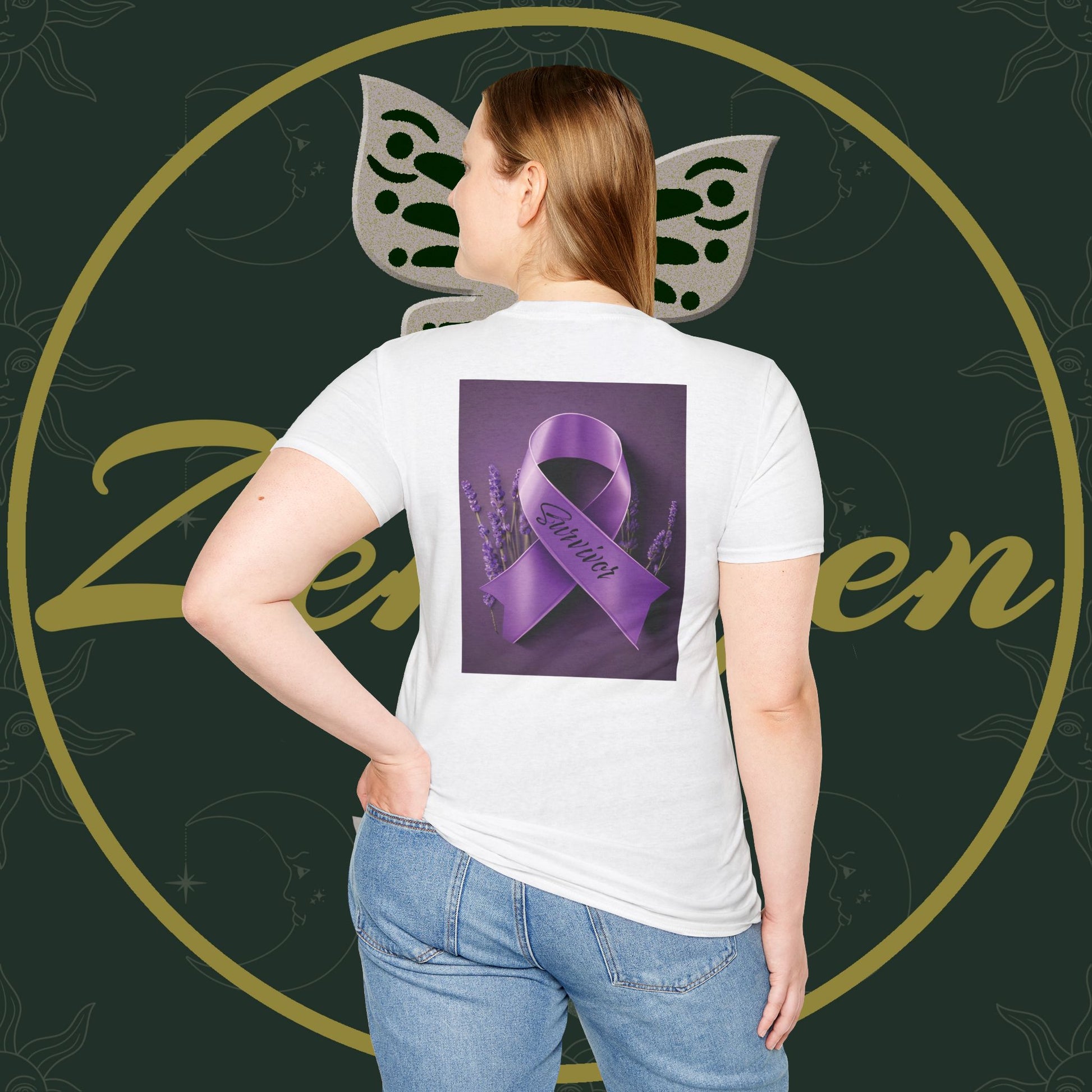 SURVIVOR Lavender Ribbon - Unisex Softstyle T-Shirt - Cancer Awareness all Forms - ZenGen USA