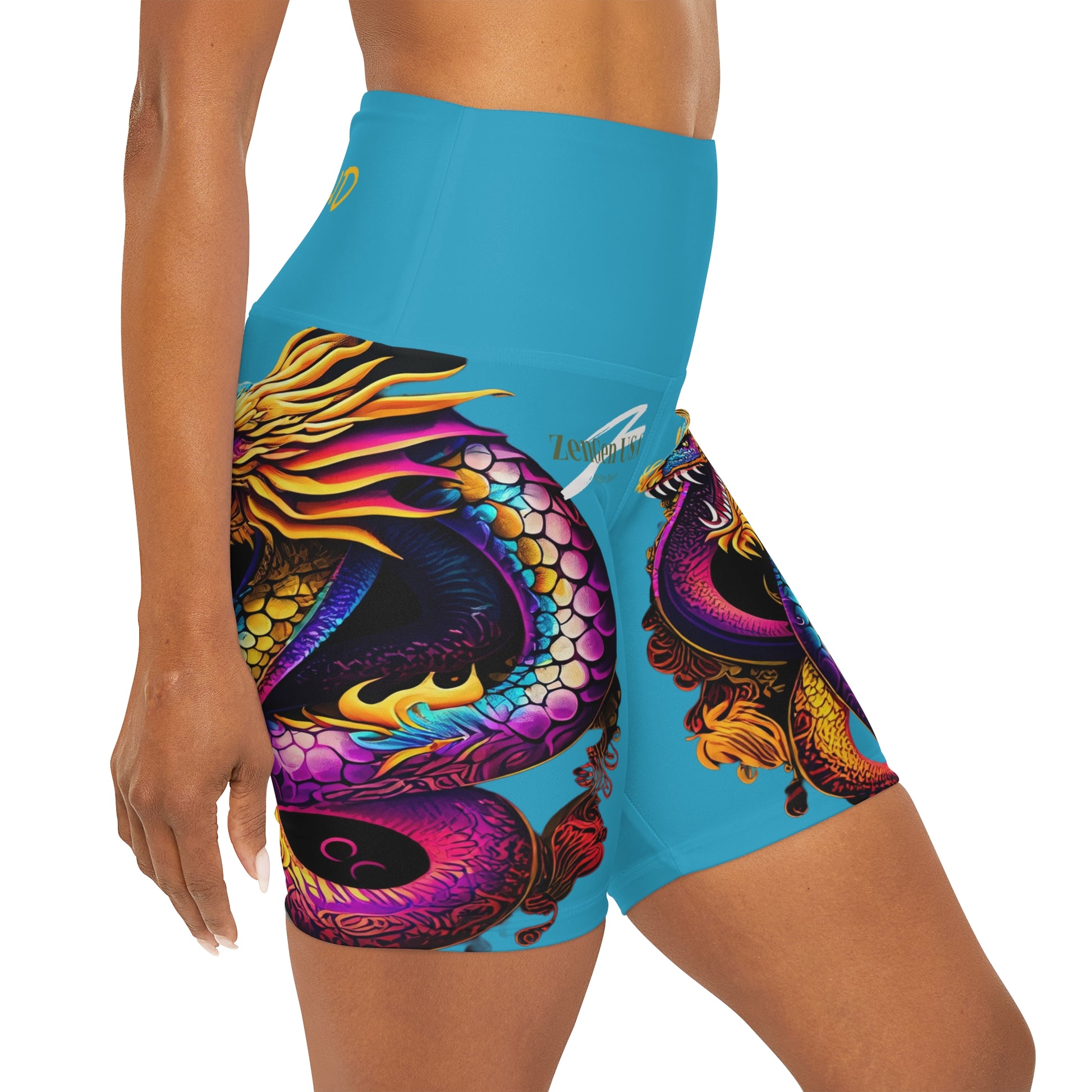 Dragon High Waisted Yoga Shorts | Turquoise | ROCK SOLID | ZenGen USA - ZenGen USA