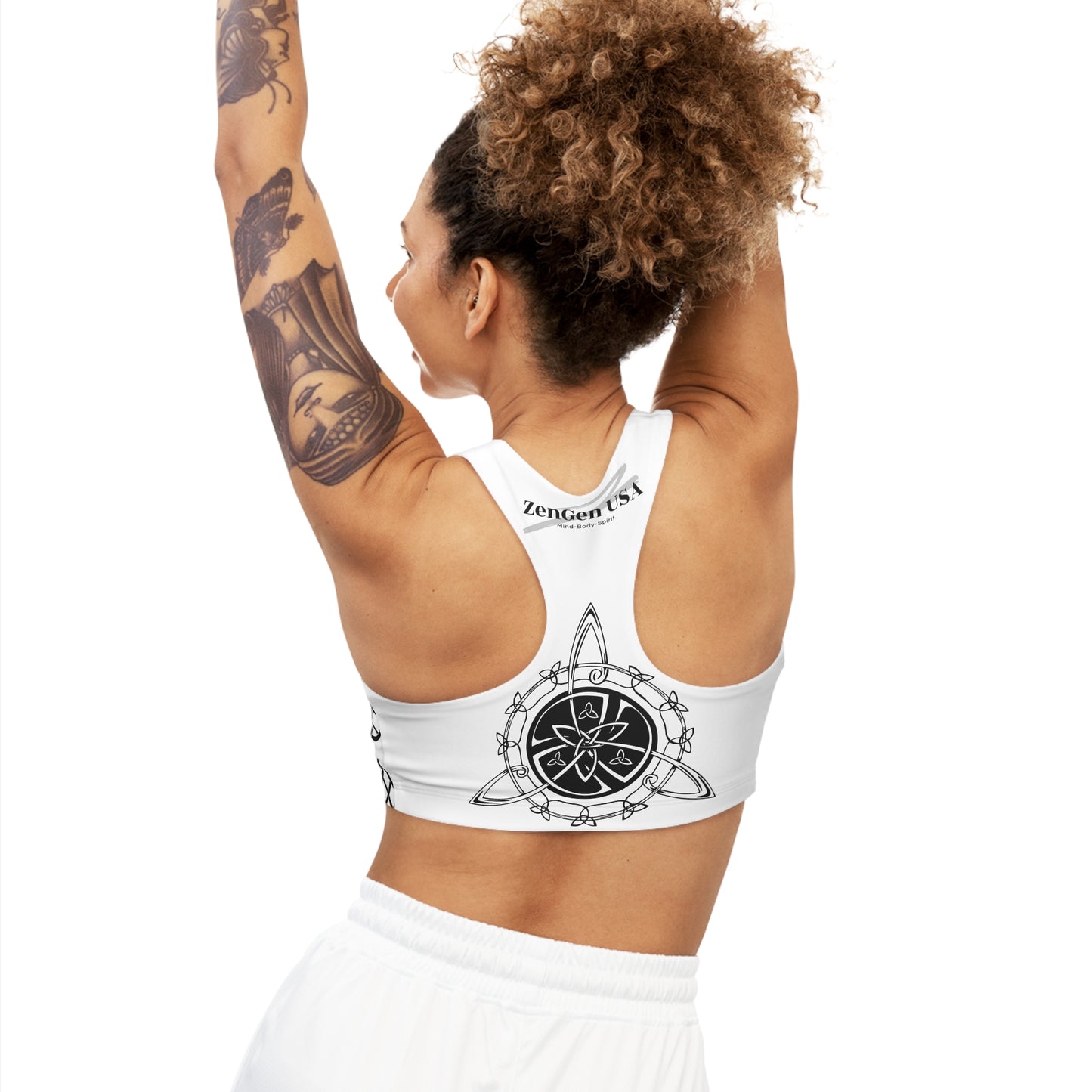 Celtic Tribal Tattoo - White Sports Bra - ZenGen USA ROCK SOLID - ZenGen USA