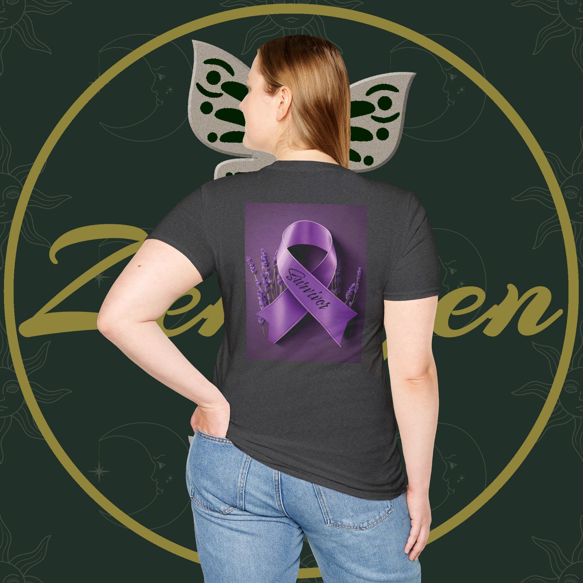 SURVIVOR Lavender Ribbon - Unisex Softstyle T-Shirt - Cancer Awareness all Forms - ZenGen USA