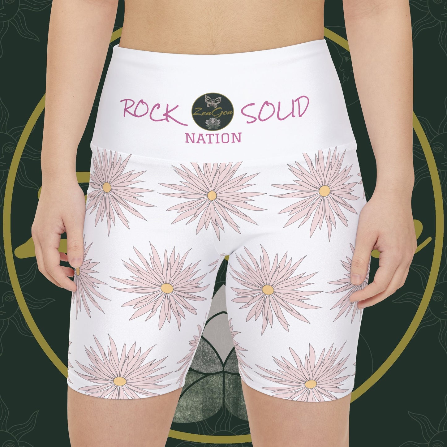 Women's Workout Shorts  - White - ROCK SOLID Blazing Flower - ZenGen USA - ZenGen USA