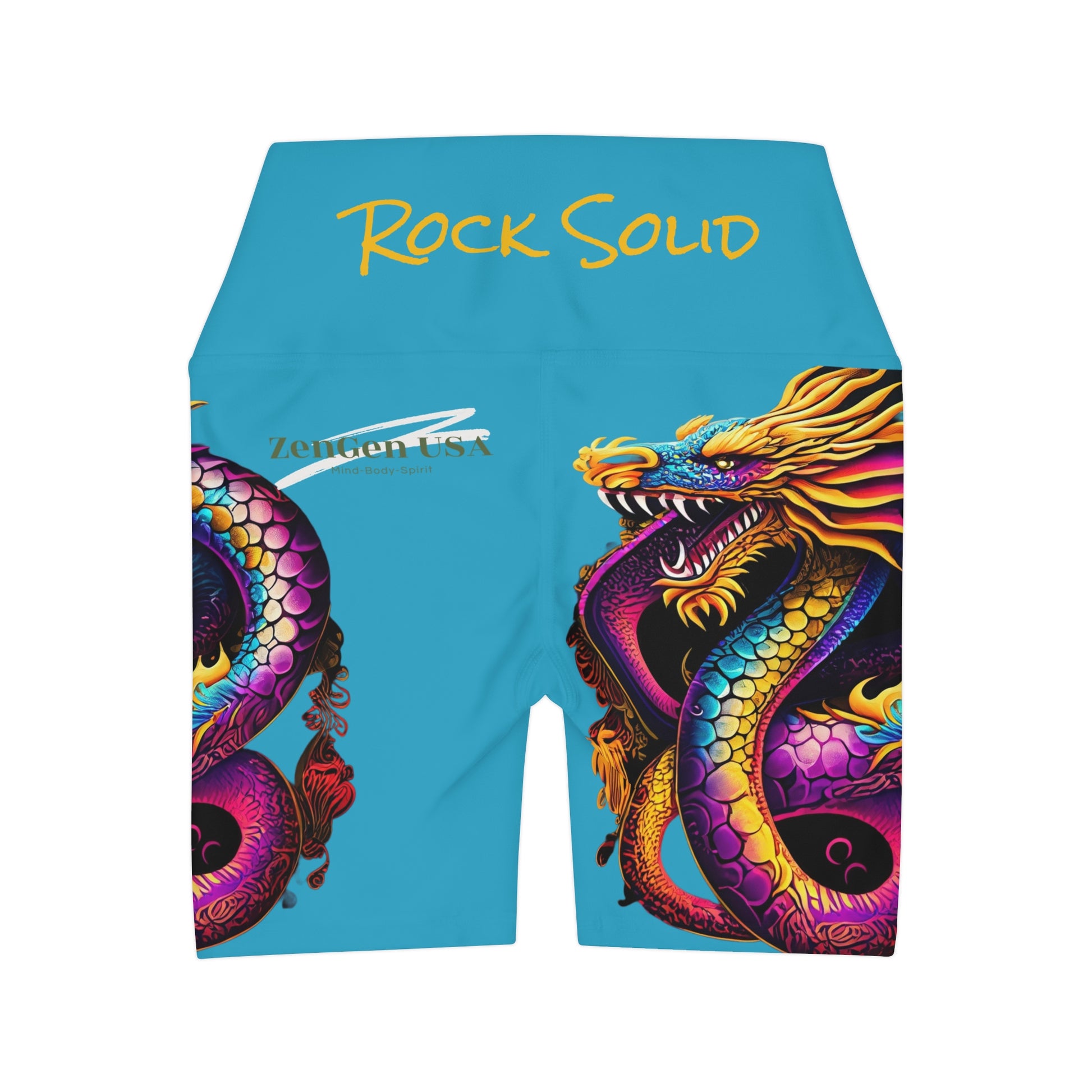 Dragon High Waisted Yoga Shorts | Turquoise | ROCK SOLID | ZenGen USA - ZenGen USA