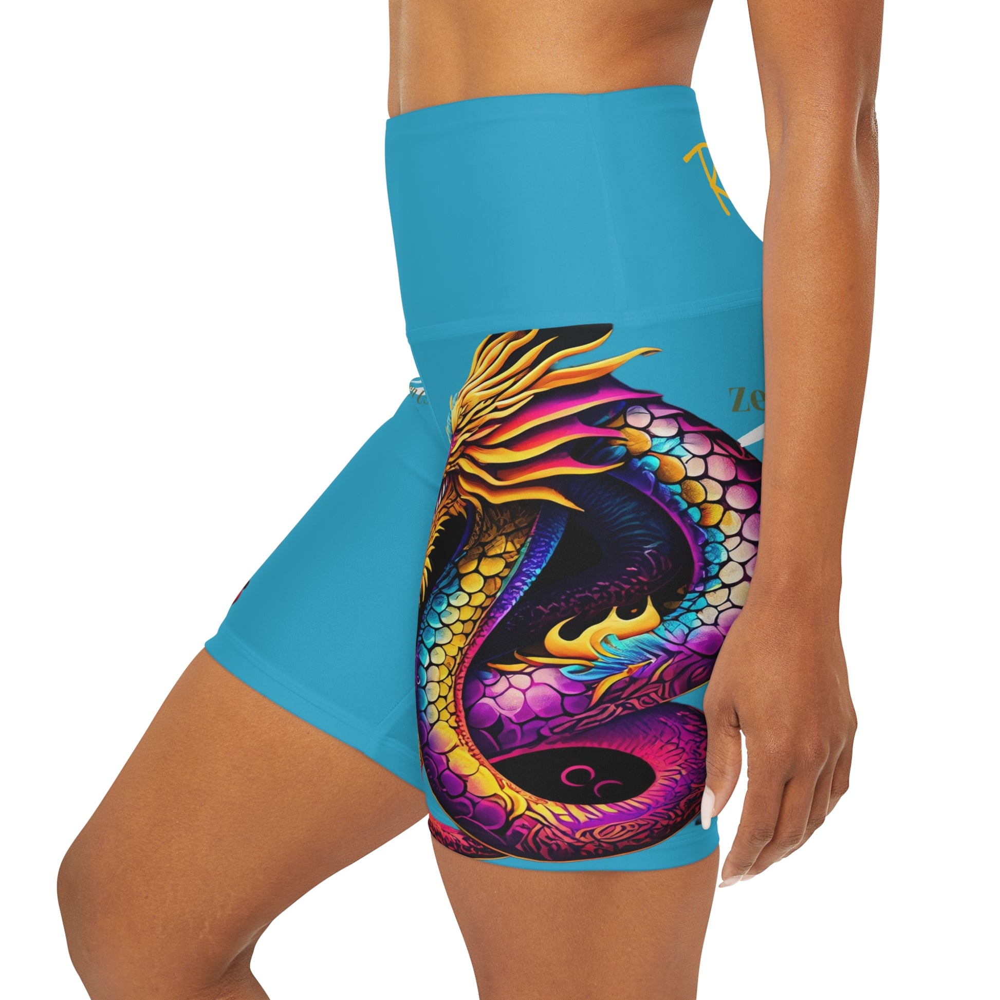Dragon High Waisted Yoga Shorts | Turquoise | ROCK SOLID | ZenGen USA - ZenGen USA