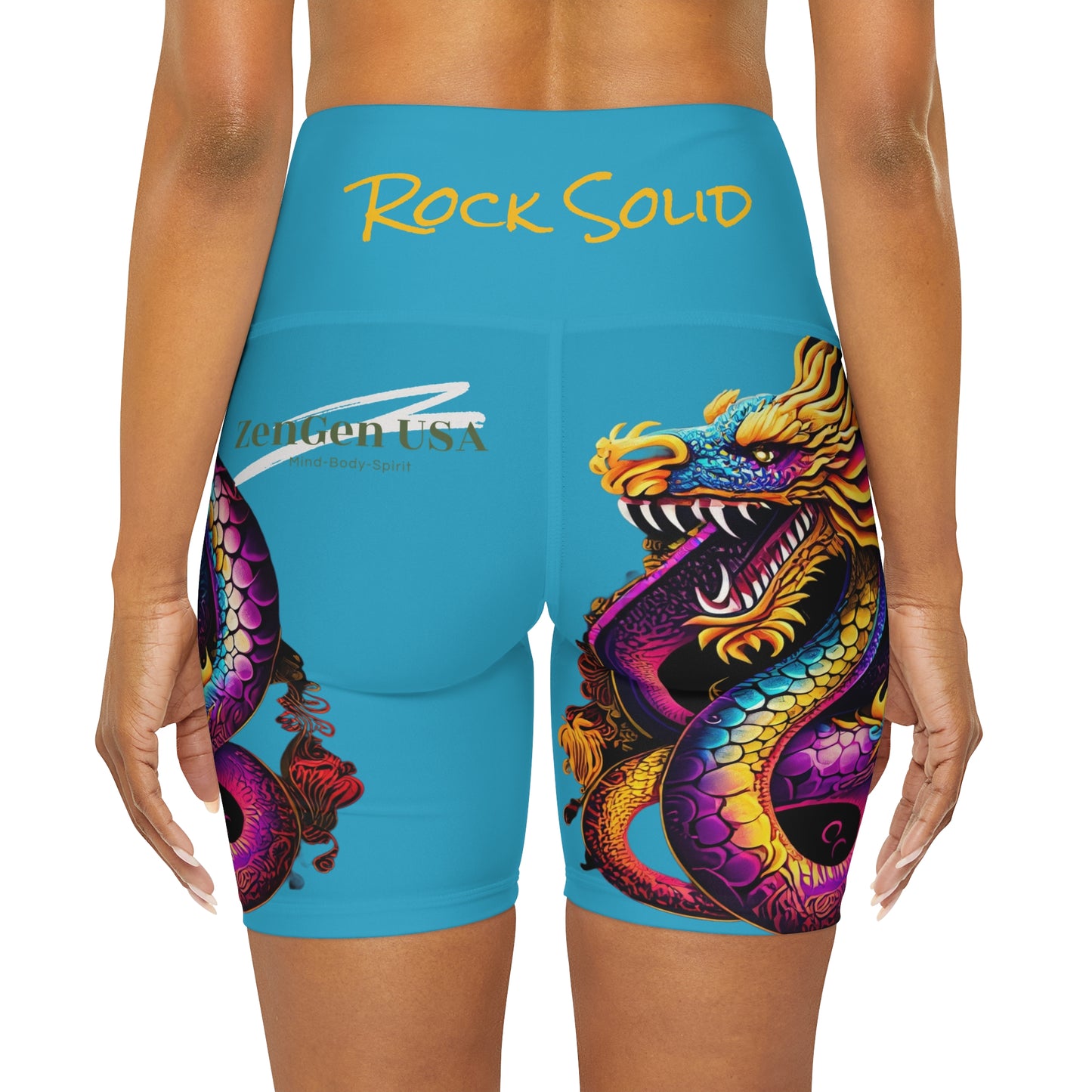 Dragon High Waisted Yoga Shorts | Turquoise | ROCK SOLID | ZenGen USA - ZenGen USA