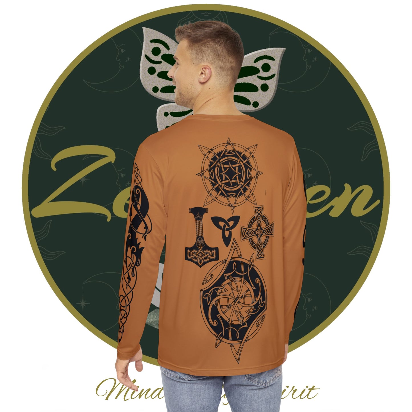 Celtic Fenrir Tribal Tattoo - Brown Men's Long Sleeve Shirt - ZenGen USA - ZenGen USA